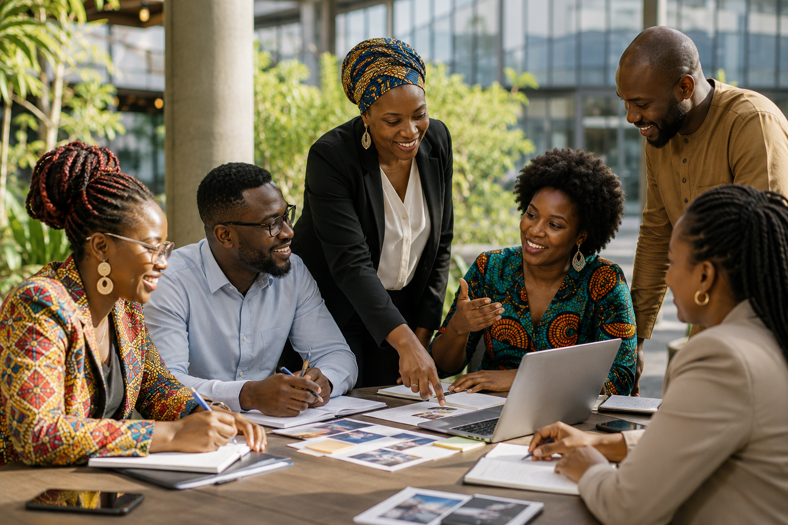 African community professionals collaborating around a table during a workshop in a modern outdoor meeting space.